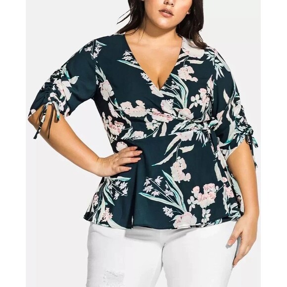 Darling CITY CHIC "Fresh Fields" Side Tie Ruched Sleeves Wrap Top Size M/18 - Picture 1 of 11